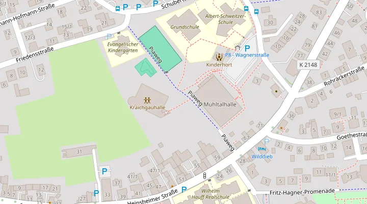 Karte: Kraichgauhalle (Wagnerstraße 9) und Mühltalhalle (Heinsheimer Straße 65) liegen nebeneinander in Bad Rappenau